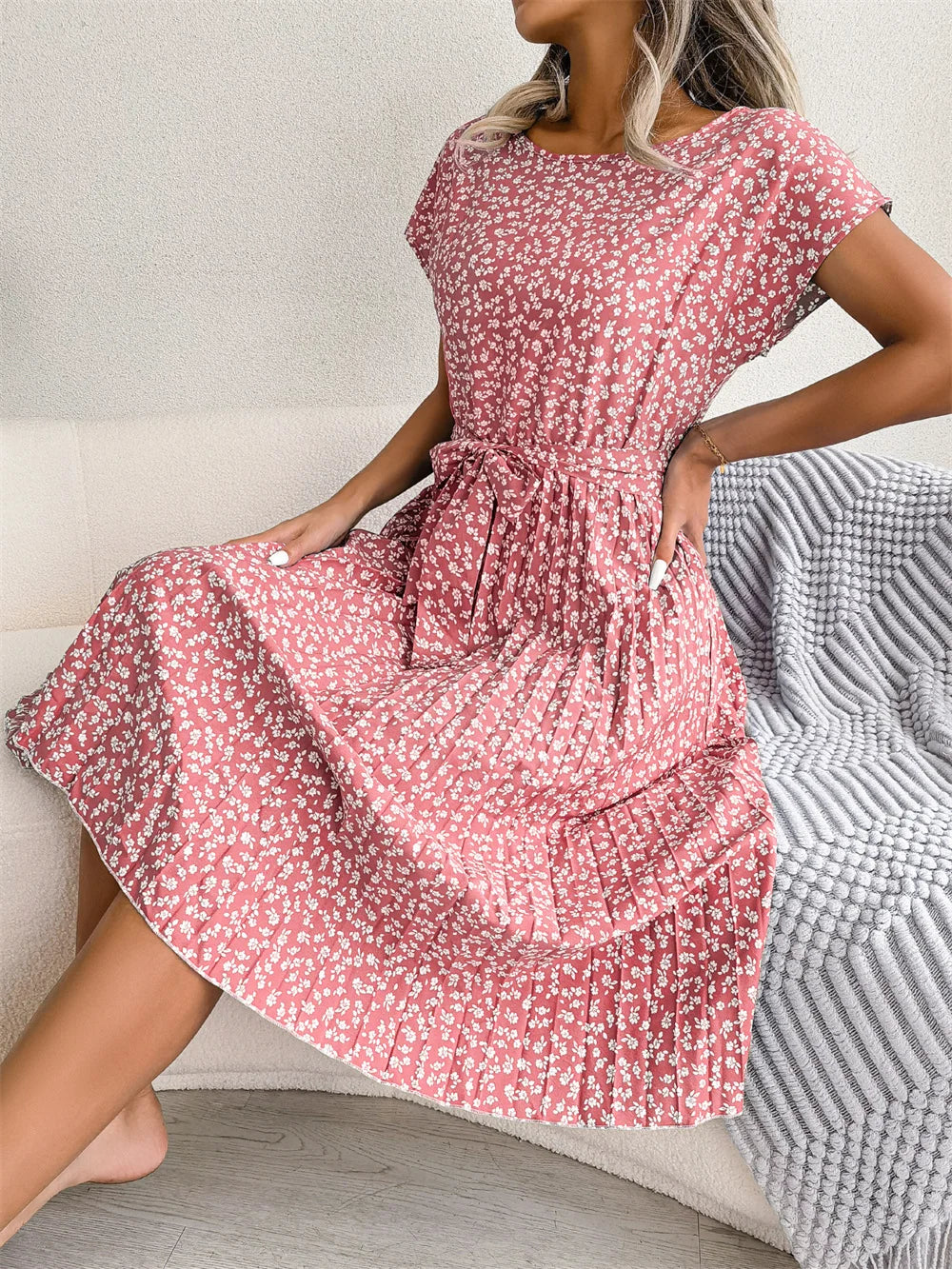 Famke | Short Sleeve Pleated Long Dress