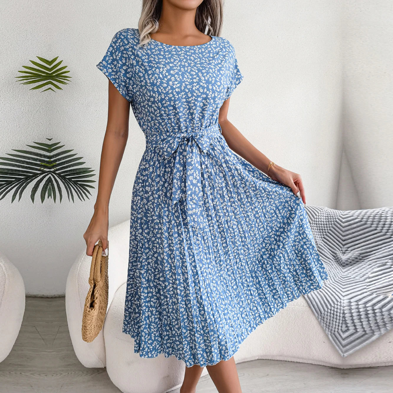 Famke | Short Sleeve Pleated Long Dress
