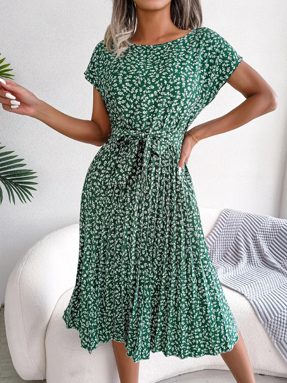 Famke | Short Sleeve Pleated Long Dress