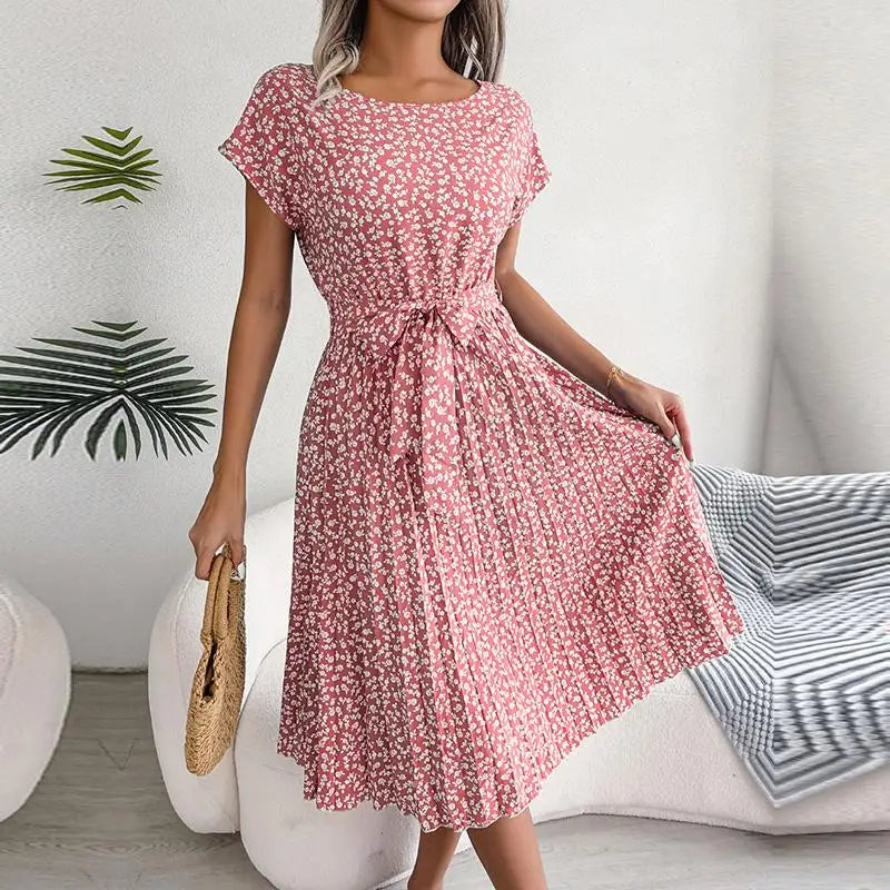 Famke | Short Sleeve Pleated Long Dress