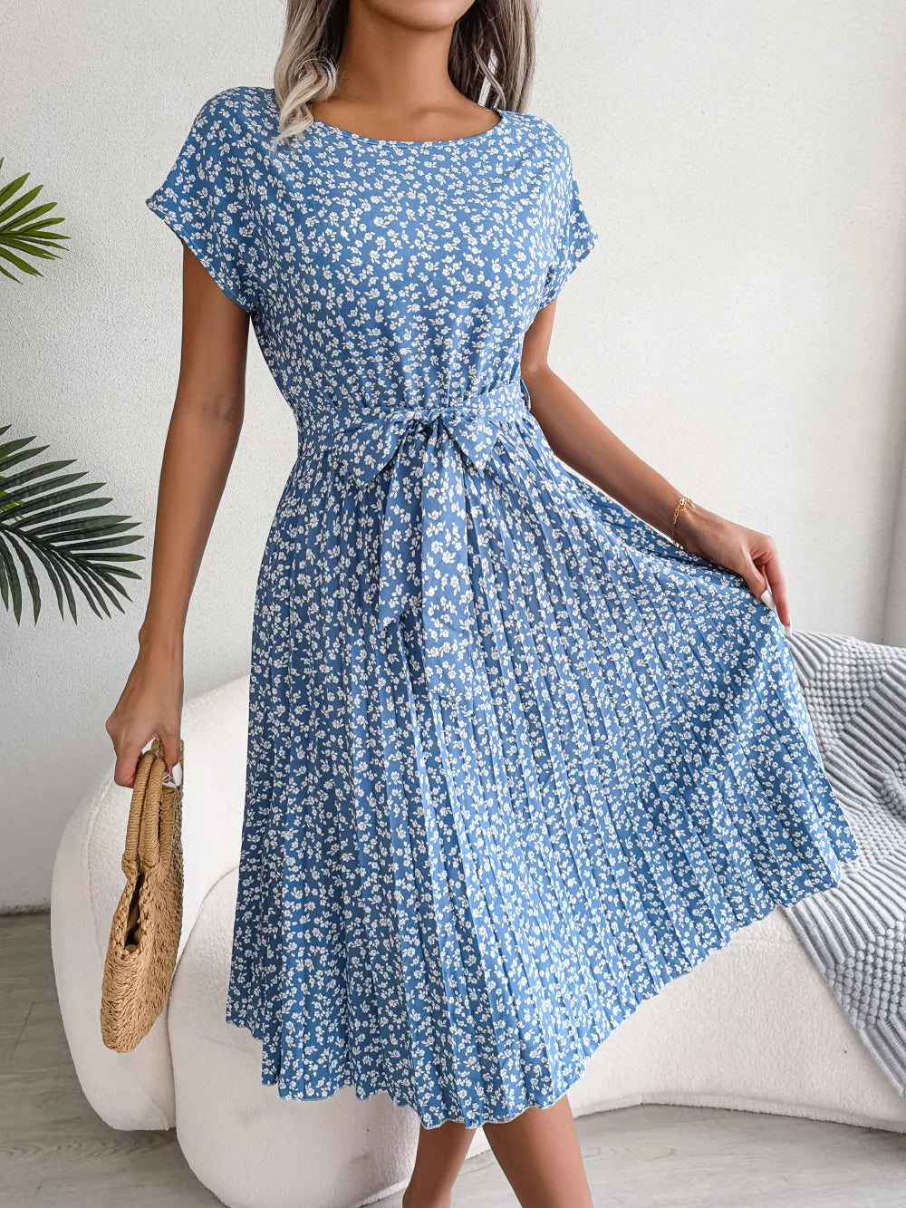 Famke | Short Sleeve Pleated Long Dress