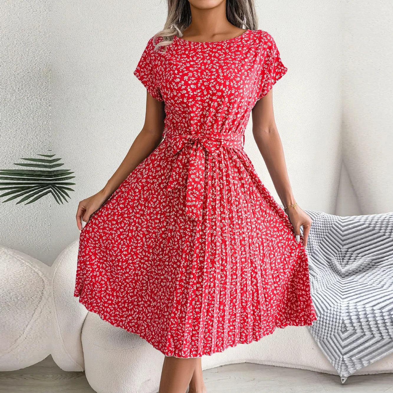 Famke | Short Sleeve Pleated Long Dress